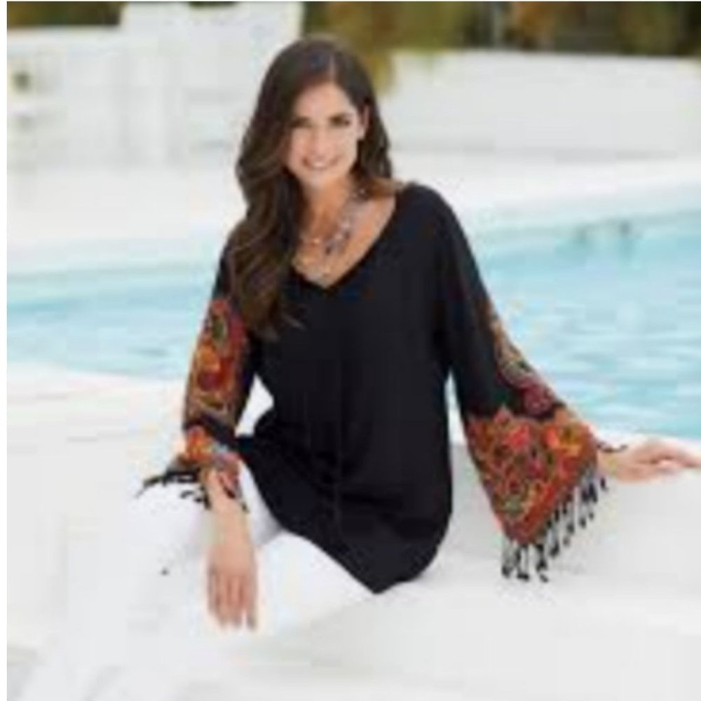 Time for me boho tassel embroidered bell sleeves size large black orange red